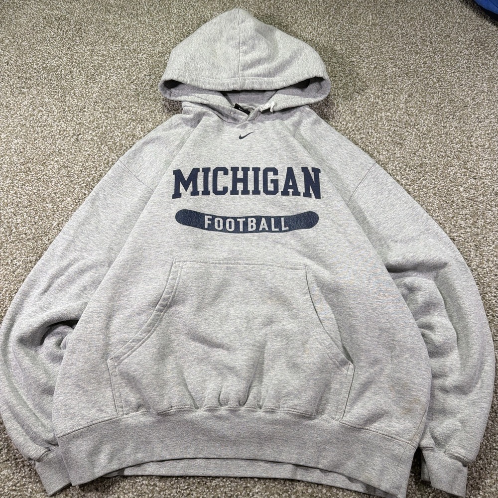 Michigan Football Nike Center Swoosh Hoodie Gray XL Vintage Heavyweight Distress